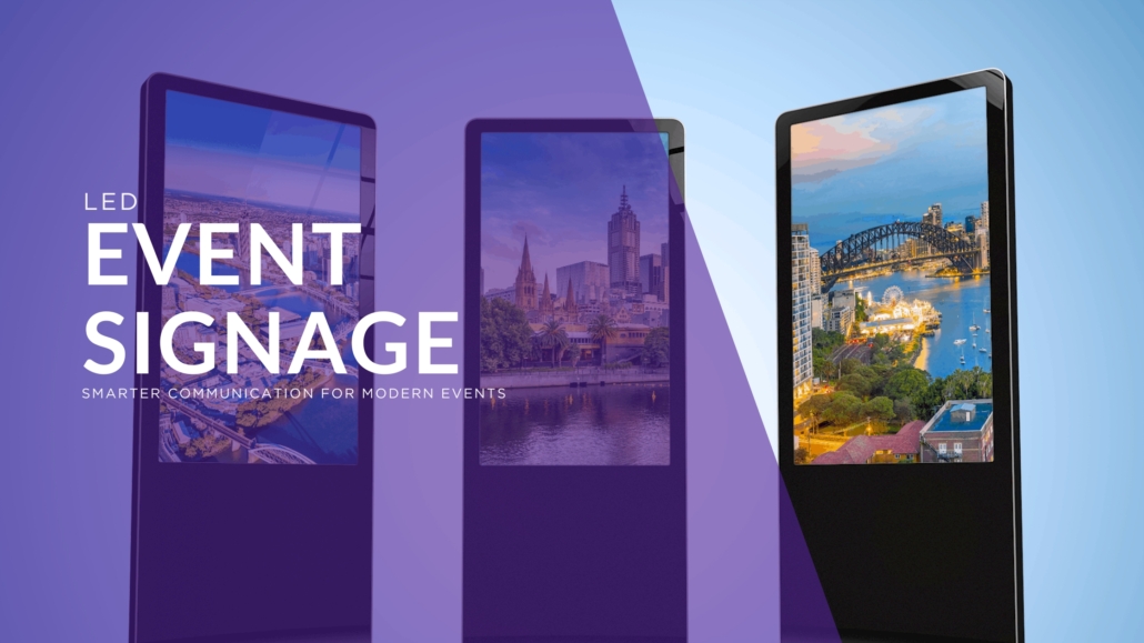 Digital signage screen displaying event schedule in a hotel lobby