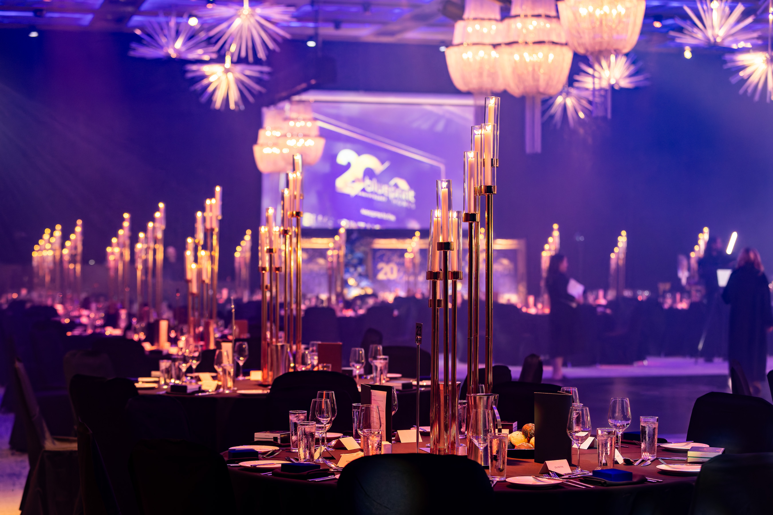 wide angle of fully styled ballroom at the Blueprint Homes 20th Anniversary Dinner Perth