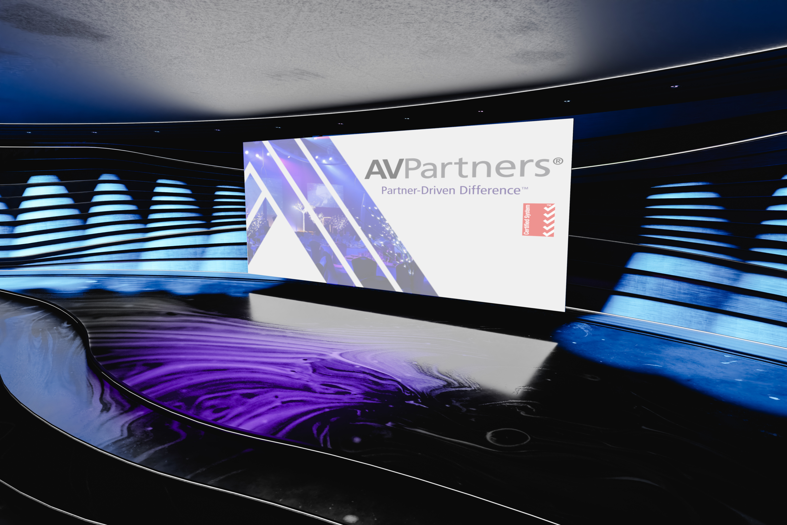 Interior space illuminated with neon lights with a white panel 3d render